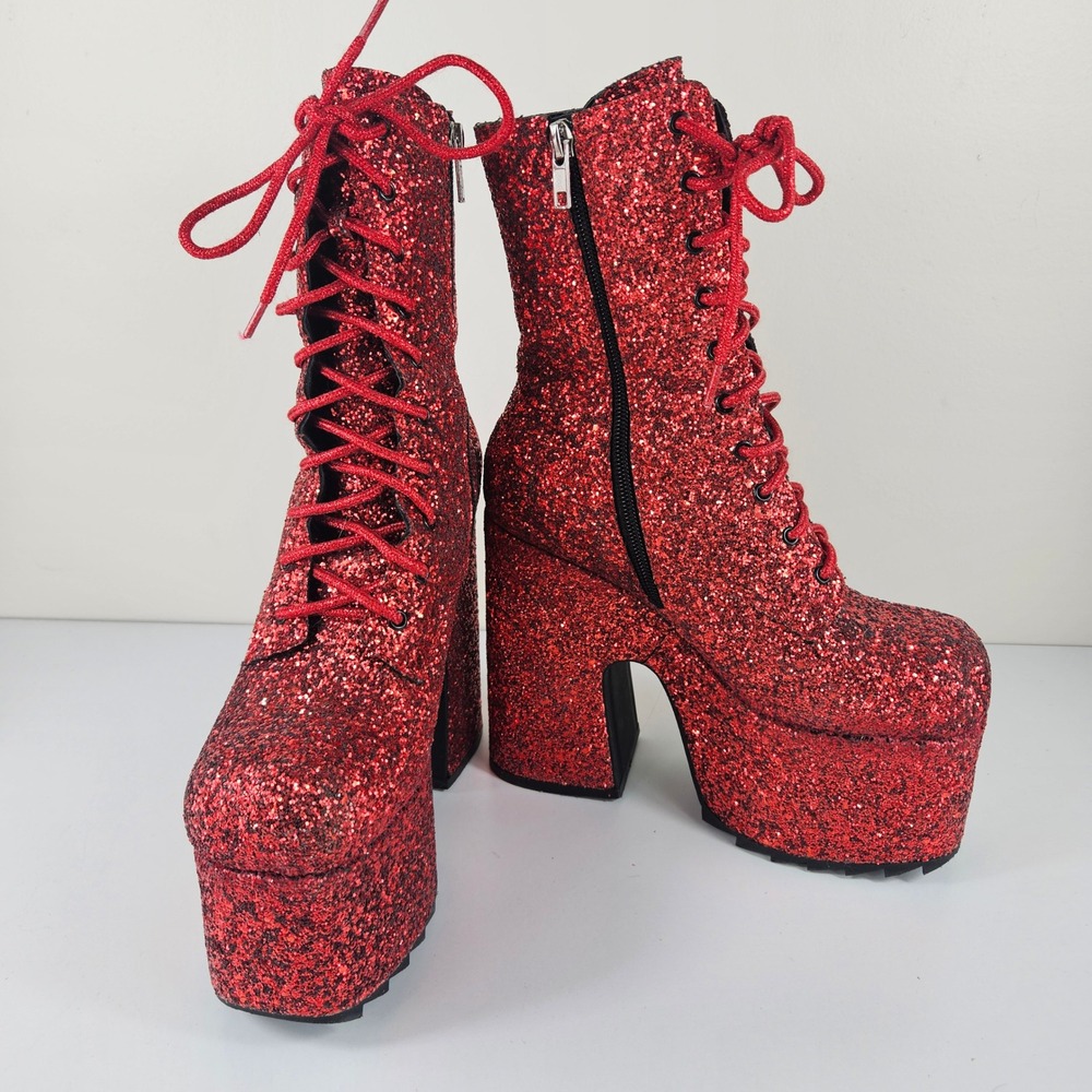 Lamoda Spotlight Women 9 Red Glitter Chunky Heel Platform Boots Lace Up Side Zip